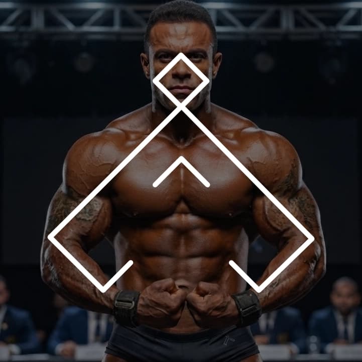 Fisiculturista no palco na pose de força, com o traço do símbolo sobreposto ao corpo: a cabeça no losango do topo, os braços flexionados nas linhas externas e o peitoral no chevron central