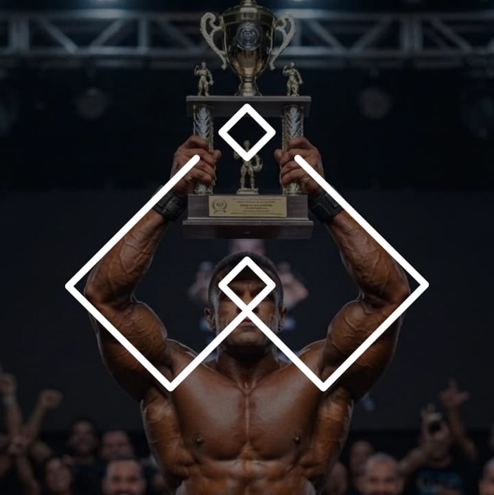 Fisiculturista erguendo um troféu acima da cabeça, com o traço do símbolo sobreposto: o troféu no losango do alto, a cabeça no losango central e os braços erguidos nas linhas em V