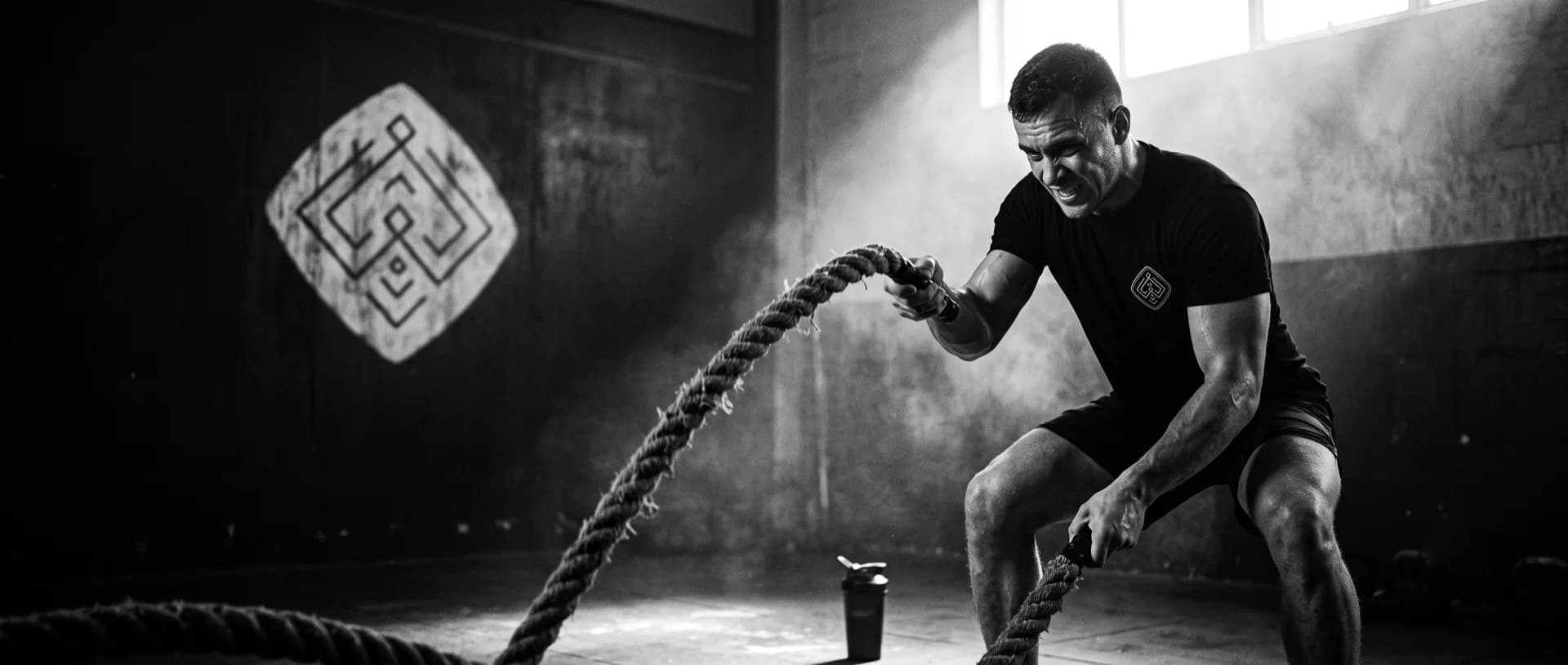 Atleta em esforço máximo nas battle ropes em academia industrial escura, luz dura de janela atravessando a poeira de giz, com a insígnia Will Jardim pintada na parede ao fundo e o patch no peito da camiseta