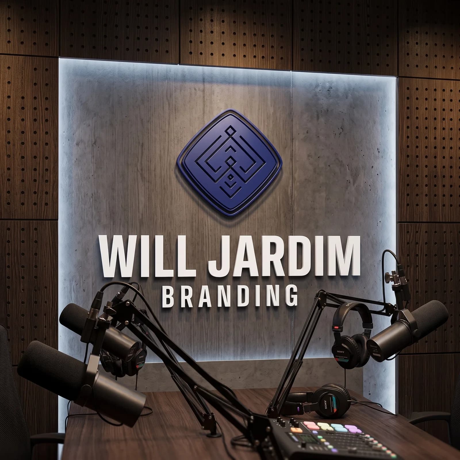 Estúdio de podcast com microfones em primeiro plano e, na parede de concreto, a insígnia índigo em relevo sobre o letreiro retroiluminado Will Jardim Branding