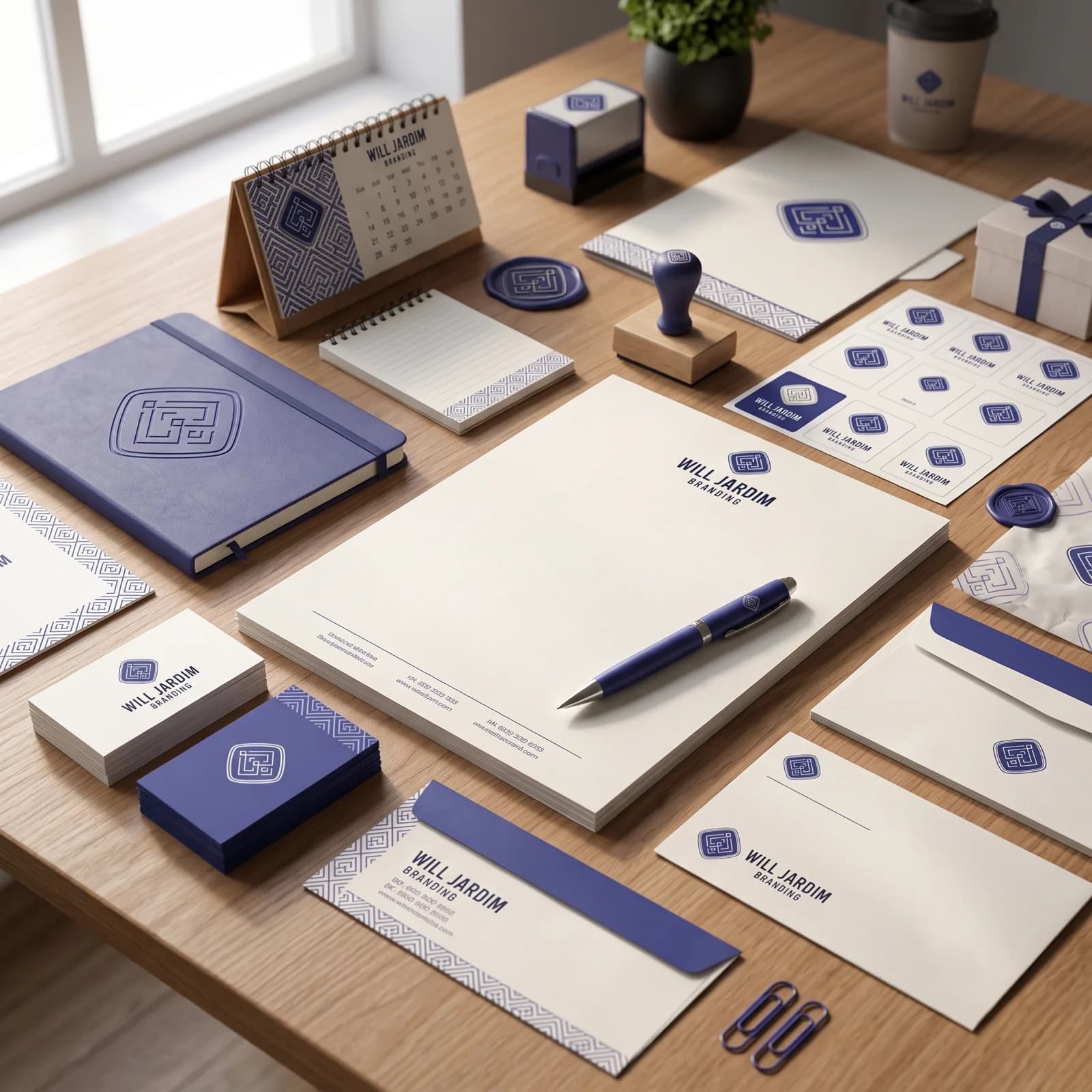 Conjunto de papelaria Will Jardim sobre mesa de madeira: papel timbrado, cartões de visita, envelopes, carimbo de madeira, lacre de cera e caderno índigo com a insígnia em relevo